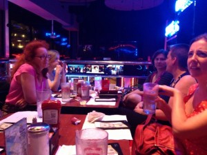 At the Wonkomance Karaoke meet up: Jackie Horne (Romance Novels for Feminists), Del Dryden, Ruthie Knox, Sarah Frantz (Riptide Editor), & Cara McKenna. Pretty sure Cara has just heard the karaoke machine calling her name.