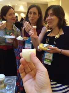 Eating hard-boiled eggs at breakfast: Cara McKenna, Serena Bell, Ruthie Knox, & Del Dryden's hand.